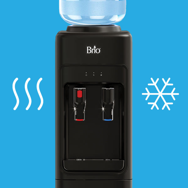 A water cooler with hot and cold water taps, indicated by a red handle and steam lines for hot and a blue handle with a snowflake for cold, set against a blue background.